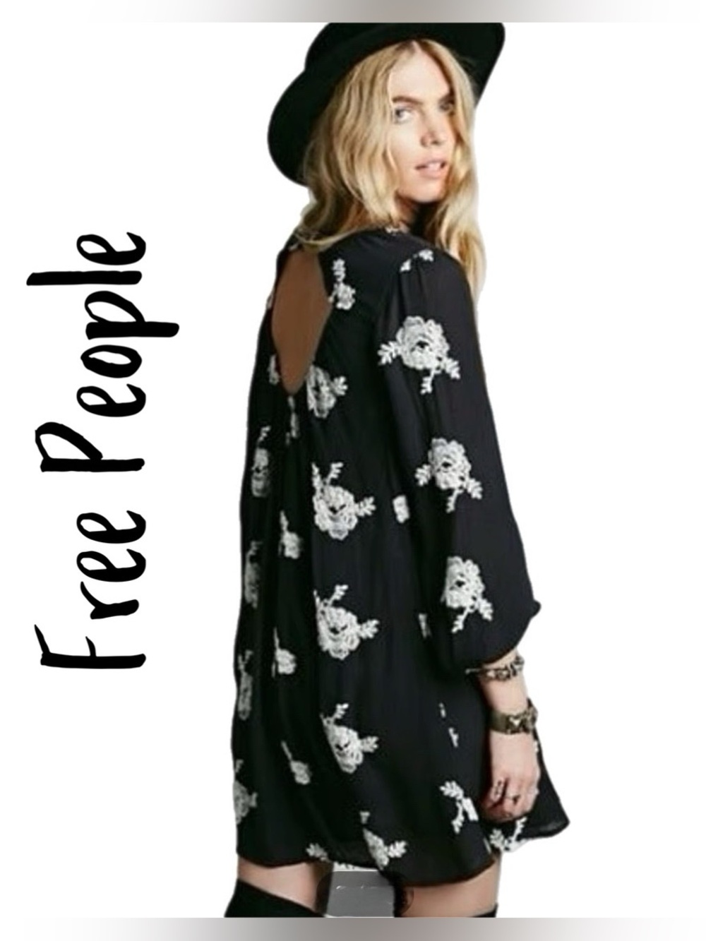 Vintage Free People Emma embroidered lined soft cotton swing dress in black.